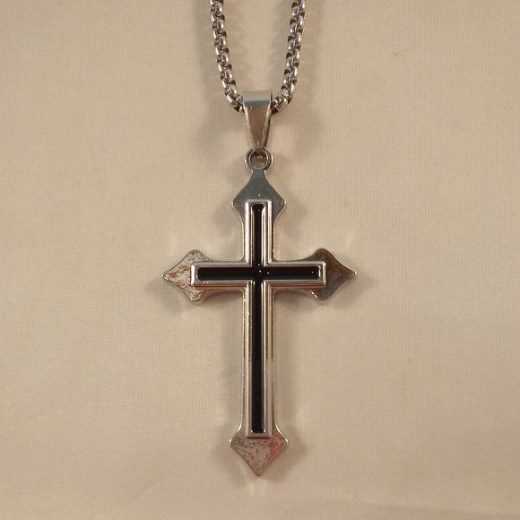 Mens Silver Stainless Steel Black Crucifix Cross Pendant Rolo Chain Necklace 24" - Picture 2 of 4